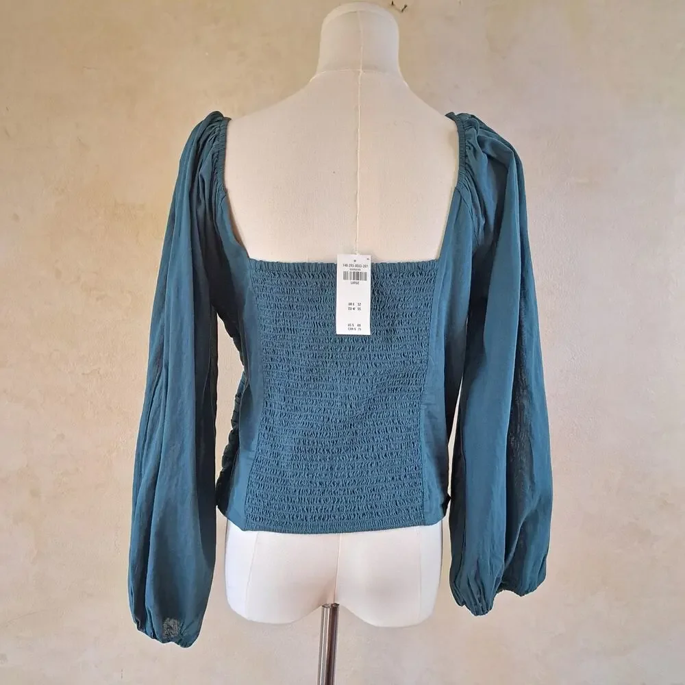 NWT ABERCROMBIE & FITCH Ruched V-Neck Puff Sleeve Smocked Cotton Top large Teal